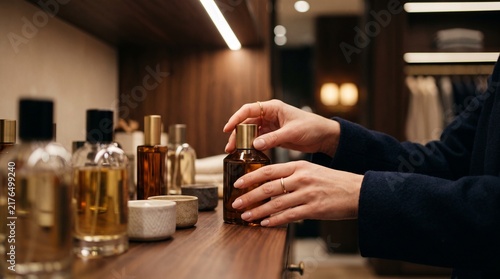 A person's hands carefully select a fragrance bottle from a collection of luxury perfumes displayed on a polished wooden shelf in a well-appointed dressing room.