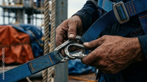 Close up of a worker connecting safety carabiners for fall protection.