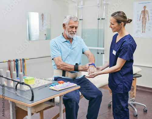 Stroke rehabilitation and occupational therapy for a senior patient.