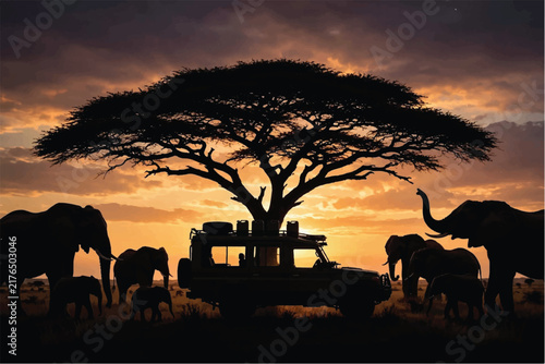 African Sunset Silhouette Landscape With Elephants Safari Jeep Tree