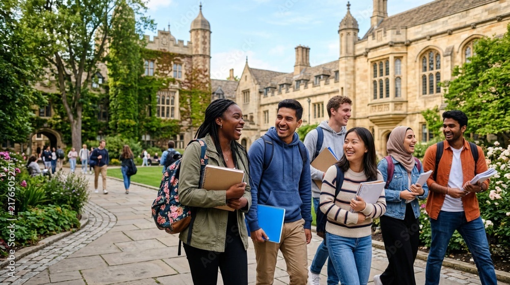 Fototapeta premium Diverse group of university students laughing and walking outdoors on sunny campus, holding notebooks and folders near historic college building with flowers and greenery