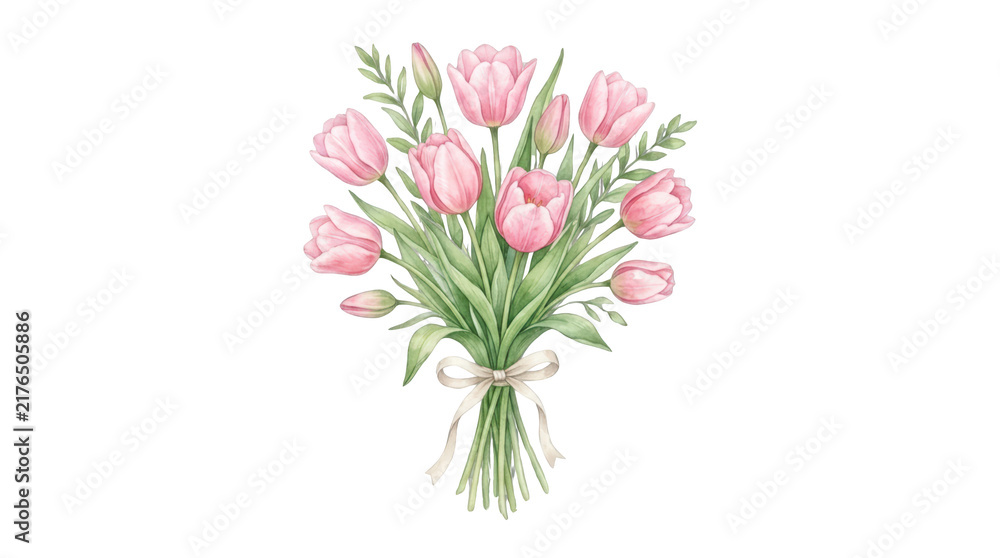 Obraz premium Watercolor bouquet of pink tulips isolated on transparent background