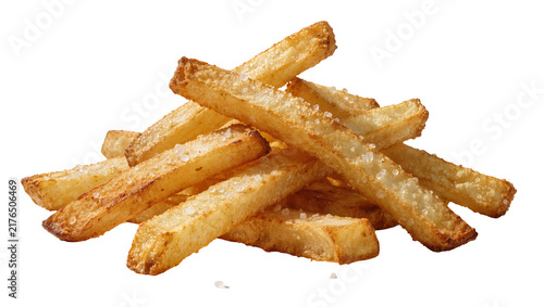 Bild auf Leinwand Golden crispy french fries sprinkled with coarse salt, isolated on transparent b