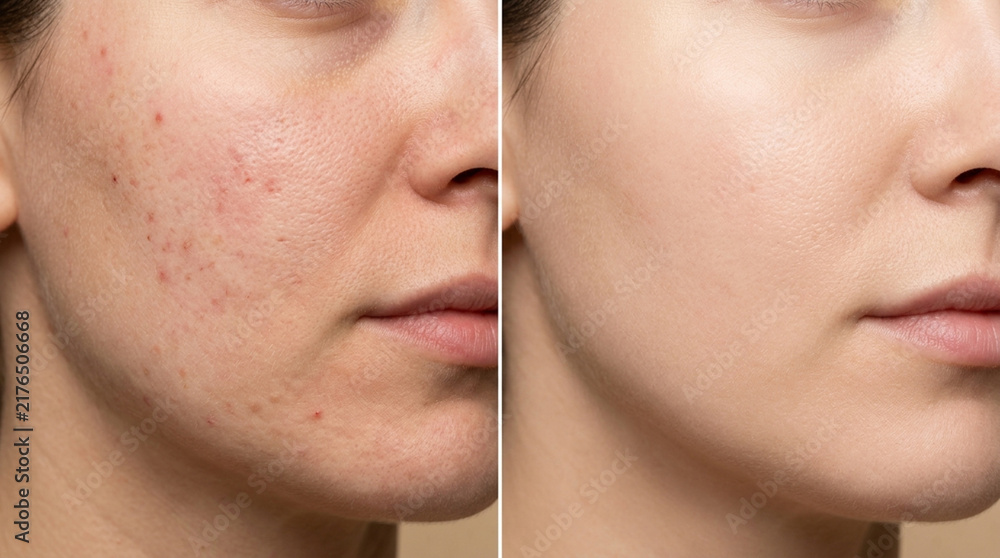 Obraz premium Split image: Before and after skincare treatment for acne and blemishes on woman's face.