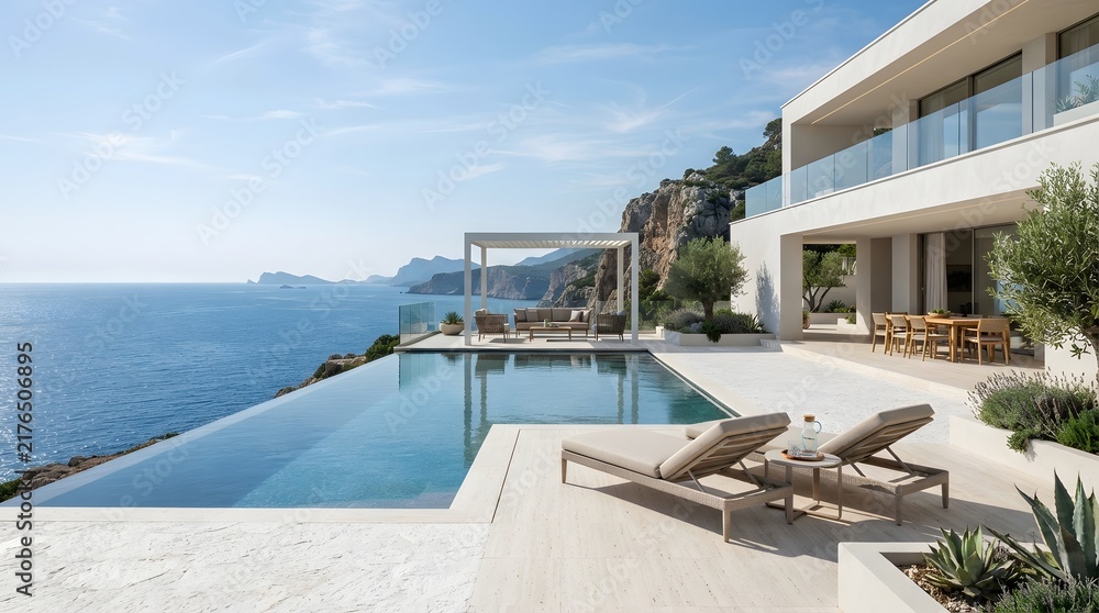 Fototapeta premium Modern Minimalist Villa with Sea View and Infinity Pool