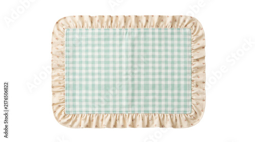 Obraz na płótnie Rectangular green gingham fabric placemat featuring a delicate vintage floral fr