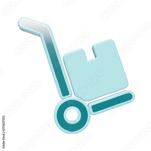 Foto 3D glossy light blue hand truck icon carrying a square package for logistics and