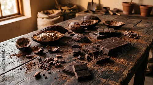 Assortment of dark chocolate bars and broken cocoa pods scattered on a weathered rustic wooden table, warm golden sunlight from a nearby window, cozy kitchen setting, raw cacao beans, bakery and