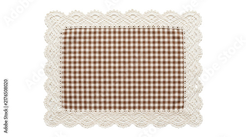 Foto Brown gingham cloth featuring intricate vintage lace border trim design for rust