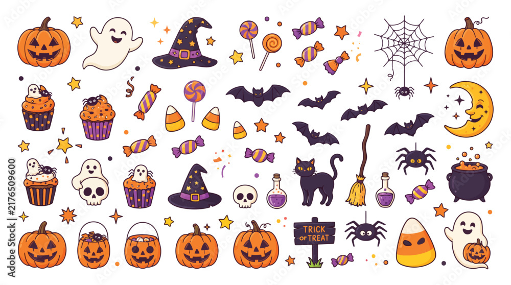 Obraz premium Halloween stickers featuring pumpkins ghosts bats and assorted sweets in vector style