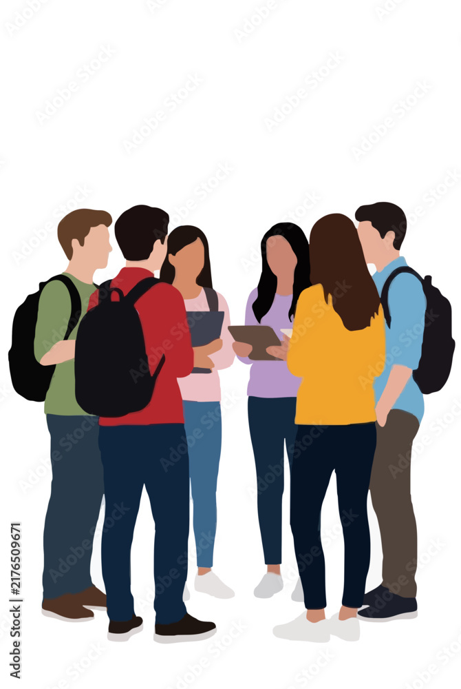 Obraz premium Vector illustration of a diverse group of students chatting before class begins, wearing casual clothing and carrying backpacks while engaged in friendly conversation