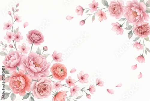 Delicate Pink Watercolor Flower Border With Roses And Blossoms