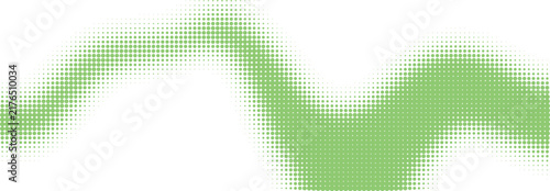 Abstract green halftone wave pattern with soft dots forming a flowing horizontal motion shape isolated on transparent background, Vector
