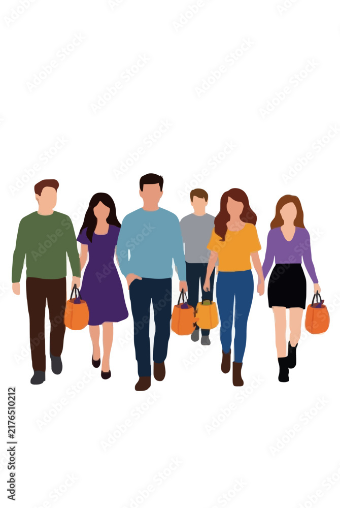 Obraz premium Group of friends walking down a street trick or treating vector illustration with pumpkin candy buckets in casual Halloween costumes flat style design for festive seasonal graphics