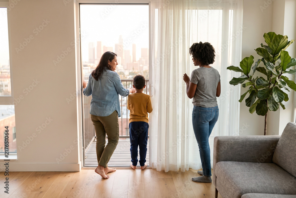 Fototapeta premium Two women and child at apartment balcony door with city view