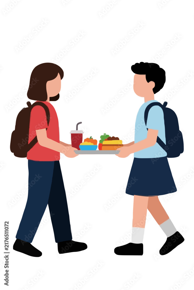 Fototapeta premium Hand-traced vector illustration of two diverse students walking together in a cafeteria line, one carrying a lunch tray filled with a burger, fries, and a soft drink. This graphic icon captures