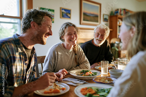 Cozy indoor shot of a multi-generational family sharing a joyful dinner at home. Ai gen