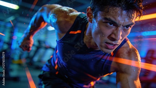 Sweaty man with intense expression working out in gym with motion blur and dramatic lighting