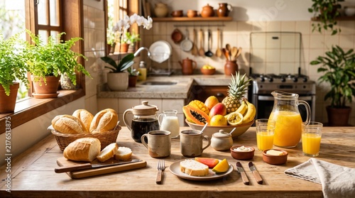 Traditional Brazilian Breakfast on a Rustic Kitchen Table
Food