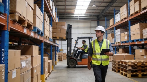 Warehouse worker in hard hat and safety vest holding tablet, observing inventory and forklift operations in a busy distribution center.
