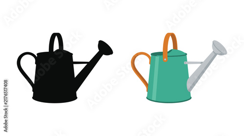 Watering can silhouette and colorful illustration on a white background