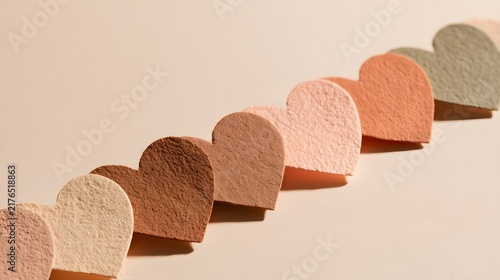 Paper hearts in warm skin tones arranged in a line