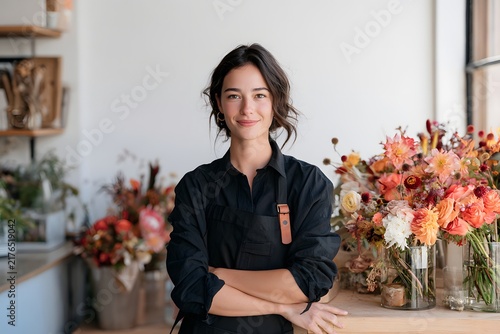 Florist smiling in autumn shop with bouquets