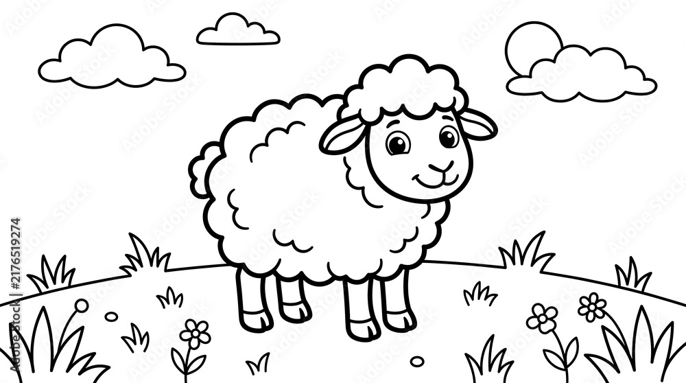 Obraz premium Cute Sheep Cartoon Character Standing on Meadow Field Coloring Page for Kids Illustration