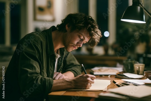 Young man writing letter at desk under lamp