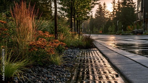 Urban rain garden absorbing stormwater after rain