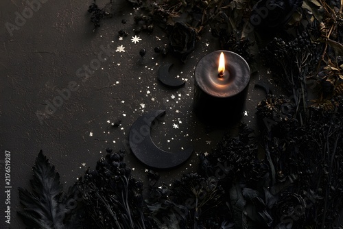 Celestial Halloween flat lay with black candle and dried botanicals