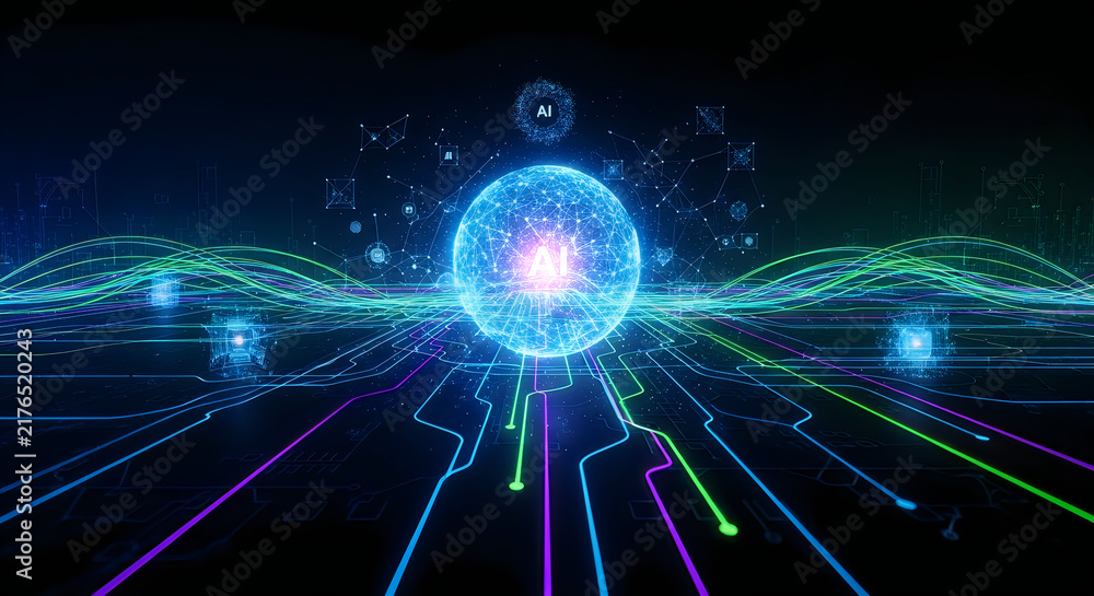 Fototapeta premium Glowing artificial intelligence sphere with digital light lines