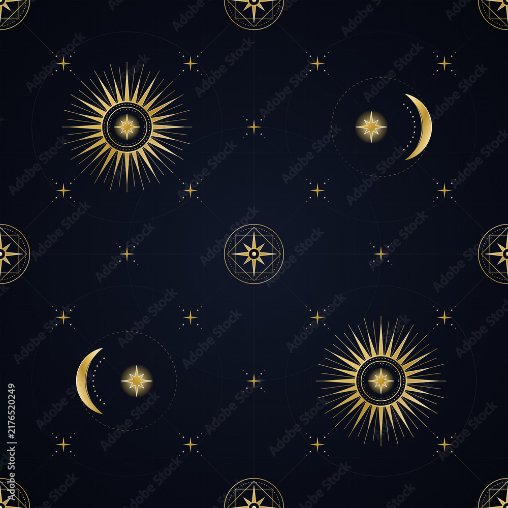 Naklejka premium Mystical celestial seamless pattern with sun moon and stars