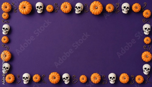 Full border of pumpkins and skulls on deep purple background creates spooky frame for halloween text.