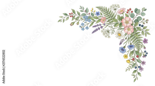 Watercolor botanical corner arrangement with wildflowers isolated on transparent background
