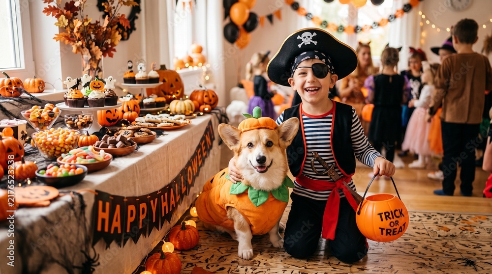 Fototapeta premium Happy boy in pirate costume and corgi in pumpkin outfit at Halloween party celebration