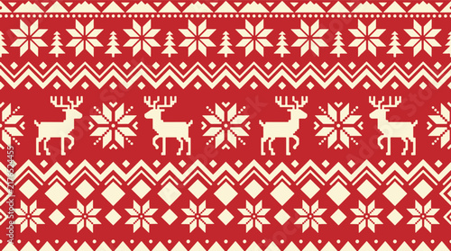 Nordic reindeer pattern with snowflakes and geometric ornaments for Christmas design