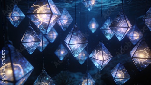 Glowing geometric crystal lanterns with cosmic patterns hang in a mysterious deep-sea environment, casting vibrant blue and golden light.