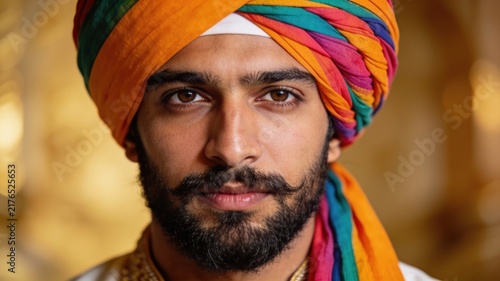 Close-up portrait of a young Indian man wearing a vibrant colorful traditional turban, looking directly at the camera.