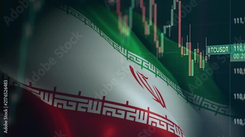 A dynamic timelapse video featuring fast moving stock market candlestick bars blended with a waving Iranian flag, representing Iranian economy, financial markets, and Middle East trading.