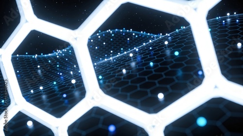 Abstract Futuristic Hexagonal Grid Network with Wavy Digital Data Flow and Glowing Bokeh Lights