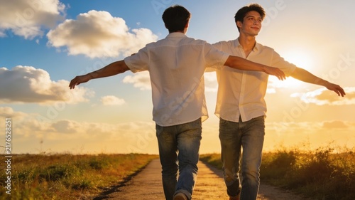 Two young men walking on a dirt path with arms outstretched, embracing the sunset or sunrise in a vast field.