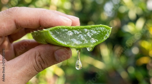 Fresh green aloe vera leaf cross section held in hand with dripping transparent gel drop against blurred natural background