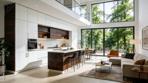Modern open-plan kitchen and living room with elegant dark wood accents, white cabinetry, a kitchen island, and expansive floor-to-ceiling overlooking lush greenery.