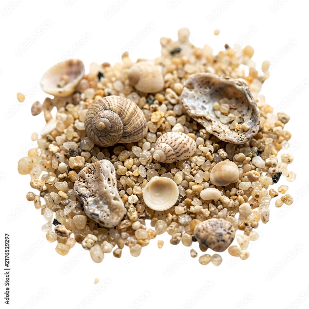 Obraz premium Close up of sand grains and seashells with seashells scattered together on transparent background