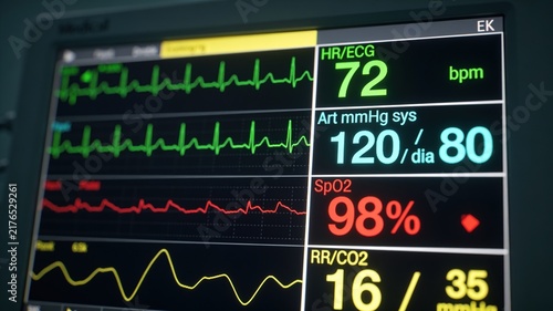 Close-up of a medical monitor displaying patient vital signs, including ECG waveform, heart rate, pressure, SpO2, and respiratory rate, on a digital screen in a hospital.