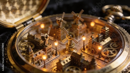 Intricate steampunk miniature city with windmills, gears, and illuminated buildings inside a golden pocket watch, a fantasy clockwork world.