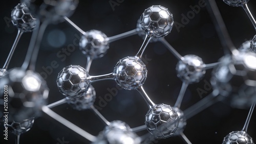 Metallic Molecular Structure with Hexagonal Pattern Spheres on Dark Background, Abstract Science and Technology Concept