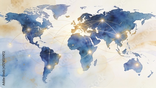 Watercolor World Map with Global Network of Glowing Connections ? International Communication and Business Concept
