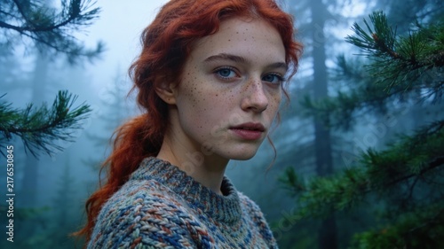 Close-up Portrait of a Young Red-Haired Woman with Freckles and Blue Eyes in a Mysterious Foggy Pine Forest